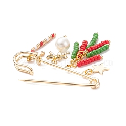 Christmas Candy Cane & Star & Bowknot Charms Alloy Safety Pin Brooch&nbsp;JEWB-TA00002