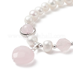 Natural Rose Quartz Heart Charm Bracelet with Natural Pearl Beaded Chains for Women&nbsp;BJEW-TA00255-02