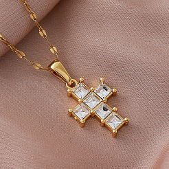 Vintage 304 Stainless Steel Square Crystal Rhinestone Religion Cross Pendant Necklaces for Women&nbsp;YN0388