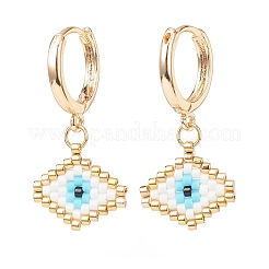 Japanese Seed Braided Rhombus with Evil Eye Dangle Hoop Earrings&nbsp;EJEW-MZ00002-01