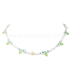 Faceted Round Dyed Natural White Jade & Flower Handmade Millefiori Glass & Glass Seed Beaded Necklaces for Women&nbsp;NJEW-MZ00150-03