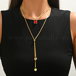 Adjustable 304 Stainless Steel Pave Cubic Zirconia Red Rectangle Pendant Double Layer Lariat Necklaces for Women&nbsp;TF2778