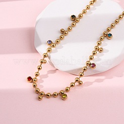 304 Stainless Steel Ball Chain Colorful Cubic Zirconia Flat Round Tassel Necklaces for Women&nbsp;NJEW-L157-10G