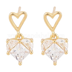 Brass Clear Cubic Zirconia Heart Dangle Stud Earrings&nbsp;EJEW-A156-04G