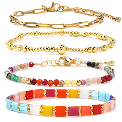 Colorful Glass Gemstone Brass Beaded Stretch Bracelet Sets&nbsp;TV5355
