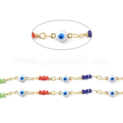 Handmade Brass Enamel Flat Round with Evil Eye Link Chains&nbsp;CHC-M024-23G-01