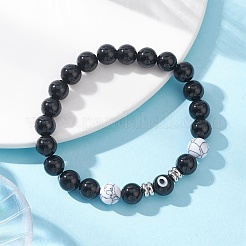 Round Natural Black Onyx & Synthetic Howlite & Lampwork Beads Stretch Bracelets for Women&nbsp;BJEW-JB12901