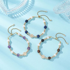 Round Brass & Shell Pearl & Synthetic Hematite & Natural Amethyst/Natural Tiger Eye/Natural Lapis Lazuli Beads Slider Bracelets for Women&nbsp;BJEW-JB12940