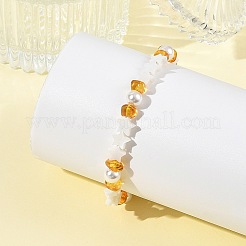Natural Freshwater Shell Star & Shell Pearl & Natural Amber Chip Beaded Bracelets&nbsp;BJEW-JB14321