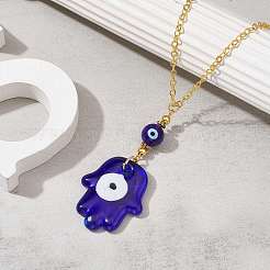 Transparent Handmade Lampwork Religion Hamsa Hand Pendant Necklaces&nbsp;NJEW-JN04503-02