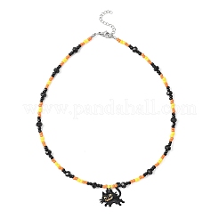 Halloween Black Alloy Enamel Pumpkin Skull Cat Shape Pendant Glass Seed Beaded Necklaces for Women&nbsp;NJEW-JN05579