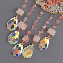 Brass Wire Wrapped Natural Rose Quartz Chips Heart Pendant Decorations&nbsp;HJEW-D302-14