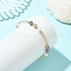 Nuggets Natural Cultured Freshwater Pearl & Brass Beaded Copper French Wired Bangles&nbsp;BJEW-JB13980