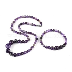Natural Amethyst Graduated Beads Necklaces and Bracelets Jewelry Sets&nbsp;SJEW-L132-01