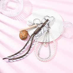 Baseball PU Leather & ABS Pearl Round Beads & Polyester Rope Pendant Decorations&nbsp;HJEW-JM04381