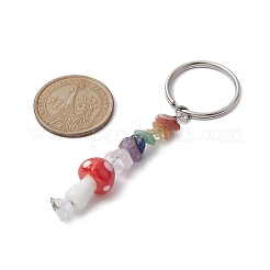 Chakra Natural Gemstone Chips Keychains with Lampwork Mushroom Charm&nbsp;KEYC-JKC00547