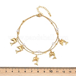 304 Stainless Steel with Acrylic Bead Double Layer Dolphin Charm Anklets for Women&nbsp;AJEW-G069-01G