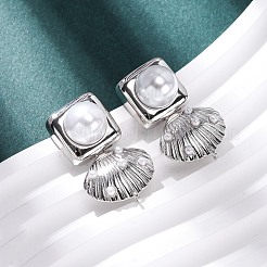 Brass Square with Shell Shape Dangle Stud Earrings&nbsp;EJEW-H165-01B-P