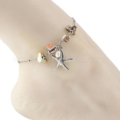 Ocean 304 Stainless Steel Starfish Charm Anklets with Natural Freshwater Shell Beads for Women&nbsp;AJEW-AN00869-02