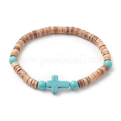 Coconut & Cross Dyed Synthetic Turquoise Beaded Stretch Bracelet for Men Women&nbsp;BJEW-JB09293