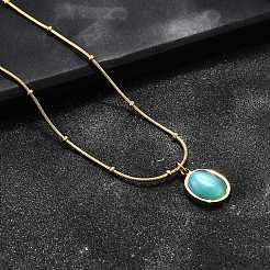 Imitation Cat Eye Oval Pendant Necklace with Round Snake Chains&nbsp;X-NJEW-G085-06G