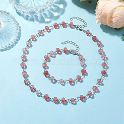 Rondelle Cherry Quartz Glass Links Bracelets & Necklaces Sets&nbsp;SJEW-JS01295-01