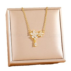 Brass Pave Clear Cubic Zirconia Flower Pendant 304 Stainless Steel Cable Chain Necklaces for Women&nbsp;WGA111B-02