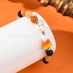 Halloween Handmade Lampwork Candy Corn & Round Natural Carnelian & Dyed Synthetic Turquoise Skull Beaded Stretch Bracelets&nbsp;BJEW-TA00756