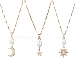 3Pcs 3 Styles Natural Cultured Freshwater Pearl & 304 Stainless Steel & Brass Moon Star Sun Pendant 304 Stainless Steel Cable Chain Necklaces for Women&nbsp;NJEW-JN05364