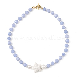 Ocean Handmade Porcelain Starfish & Natural Dyed Blue Lace Agate Round Beaded Necklaces with Brass OT Clasps for Women&nbsp;NJEW-JN06525