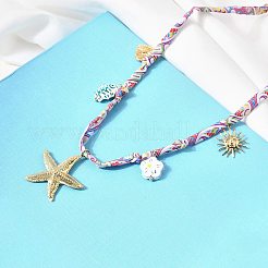 304 Stainless Steel Starfish Sun Heart & Ceramic Fish Flower Pendant Printed Polyester Cord Necklaces for Women&nbsp;NJEW-A063-08G