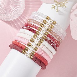 10Pcs Polymer Clay Disc & Glass & Brass Beaded Stretch Bracelets Set&nbsp;BJEW-JB09676-02