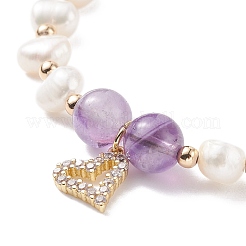 Natural Amethyst & Pearl Beaded Bracelet with Cubic Zirconia Heart Charm&nbsp;BJEW-JB08167-01