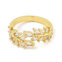 Rack Plating Leaf Brass Micro Pave Clear Cubic Zirconia Cuff Finger Rings for Women&nbsp;RJEW-C103-11G