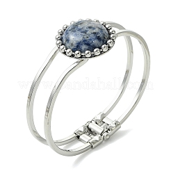 Natural Mixed Stone Flat Round Brass Hinged Cuff Bangles&nbsp;BJEW-JB14317