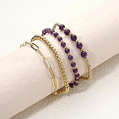 4Pcs 4 Styles Natural Amethyst & Brass Round Beads Stretch Bracelets & Paperclip Chain Bracelets for Women&nbsp;VT5257-1