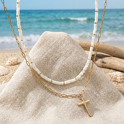 Beach Vacation Style Stainless Steel Religion Cross Pendant Natural White Jade Heishi Beaded Double Layer Necklaces for Women&nbsp;QG1443