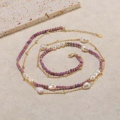 Natural Lepidolite & Pearl Beaded Double Layer Necklaces&nbsp;NJEW-G121-01G