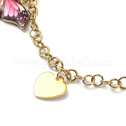 Enamel Butterfly & Alloy Heart Charm Bracelet with Ion Plating(IP) 304 Stainless Steel Chains&nbsp;BJEW-JB09558