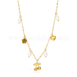 304 Stainless Steel & Imitation Pearl Cherry Heart Flower Pendant Bib Necklaces for Women&nbsp;FS-WG0B26B-01
