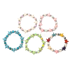 5Pcs Round & Starfish Synthetic Turquoise Beads & Brass Beads Stretch Bracelets Sets&nbsp;BJEW-JB12417