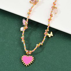 304 Stainless Steel Enamel Pink Heart Pendant Cotton Cord Adjustable Necklaces&nbsp;NJEW-C093-02G