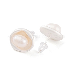 Flat Round Brass & Freshwater Pearl Stud Earrings for Women&nbsp;EJEW-G391-04MS