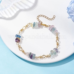 Natural Fluorite Chips & Brass Link Chain Bracelets&nbsp;BJEW-JB12642