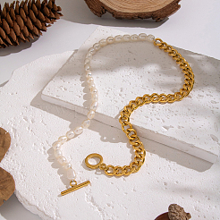 304 Stainless Steel Cuban Link Chain Natural Freshwater Pearl Rice Beaded OT Necklaces for Women&nbsp;SU5671
