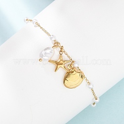 Ocean 304 Stainless Steel and Imitation Pearl Charm Anklets for Women&nbsp;SA-CBA3D94-04B-G