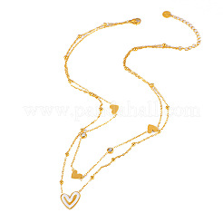 304 Stainless Steel Pave Clear and Black Cubic Zirconia & Natural White Shell Heart Pendant Double Layer Necklaces for Women&nbsp;FS-WGCE9B1-01