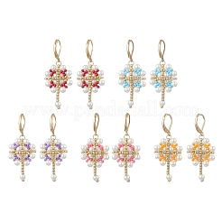 Flower with Cross 304 Stainless Steel Earrings Glass Seeds Leverback Earrings&nbsp;EJEW-MZ00507