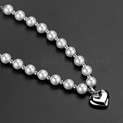 Hip-Hop Style 304 Stainless Steel & Plastic Pearl Heart Pendant Necklaces&nbsp;FS-WGD9F57-01