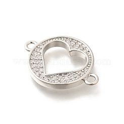 Rack Plating Brass Clear Cubic Zirconia Flat Round with Hollow Heart Connector Charms&nbsp;KK-L225-036P